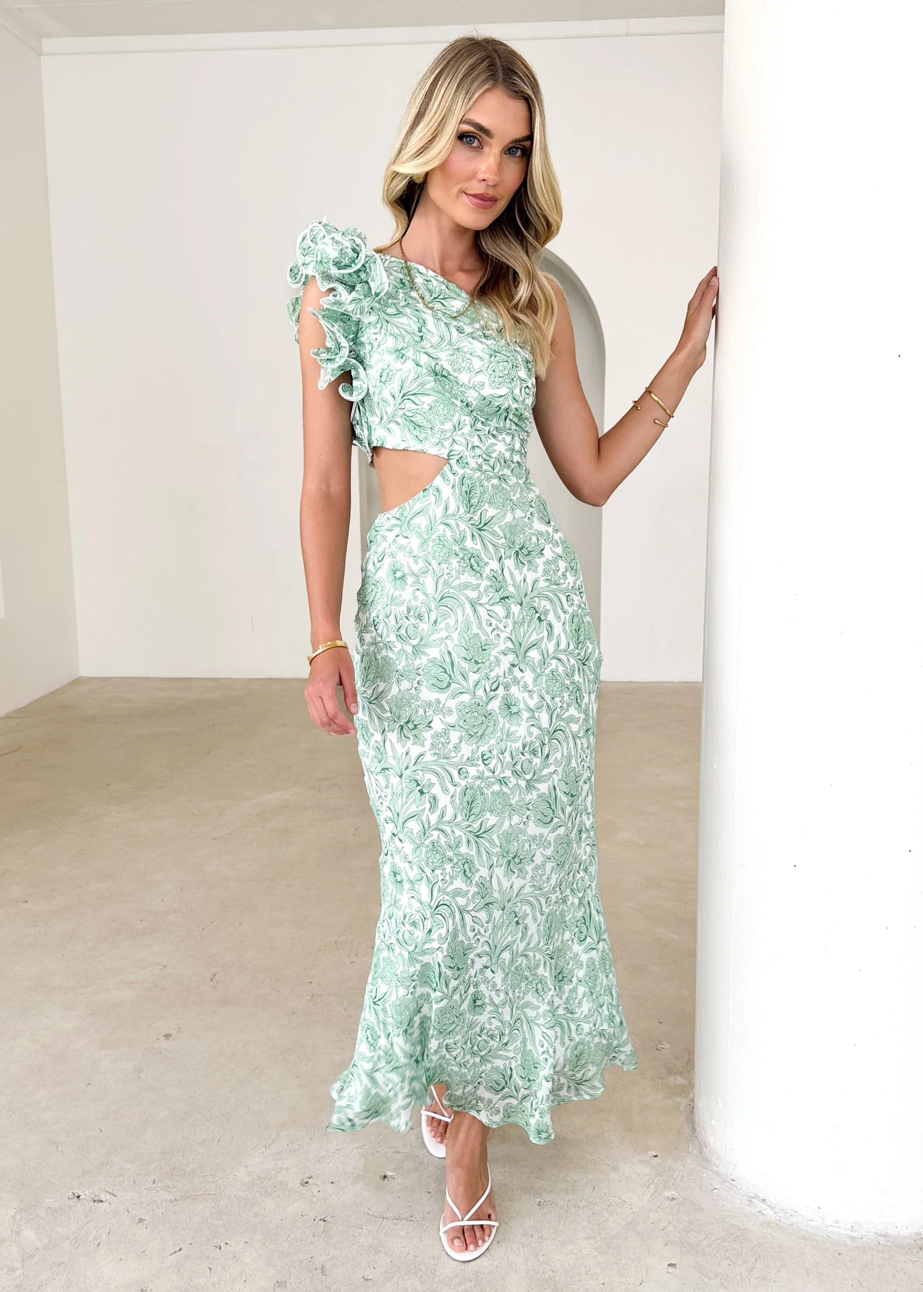 Adelia One Shoulder Midi Dress - Green Floral - Image 3