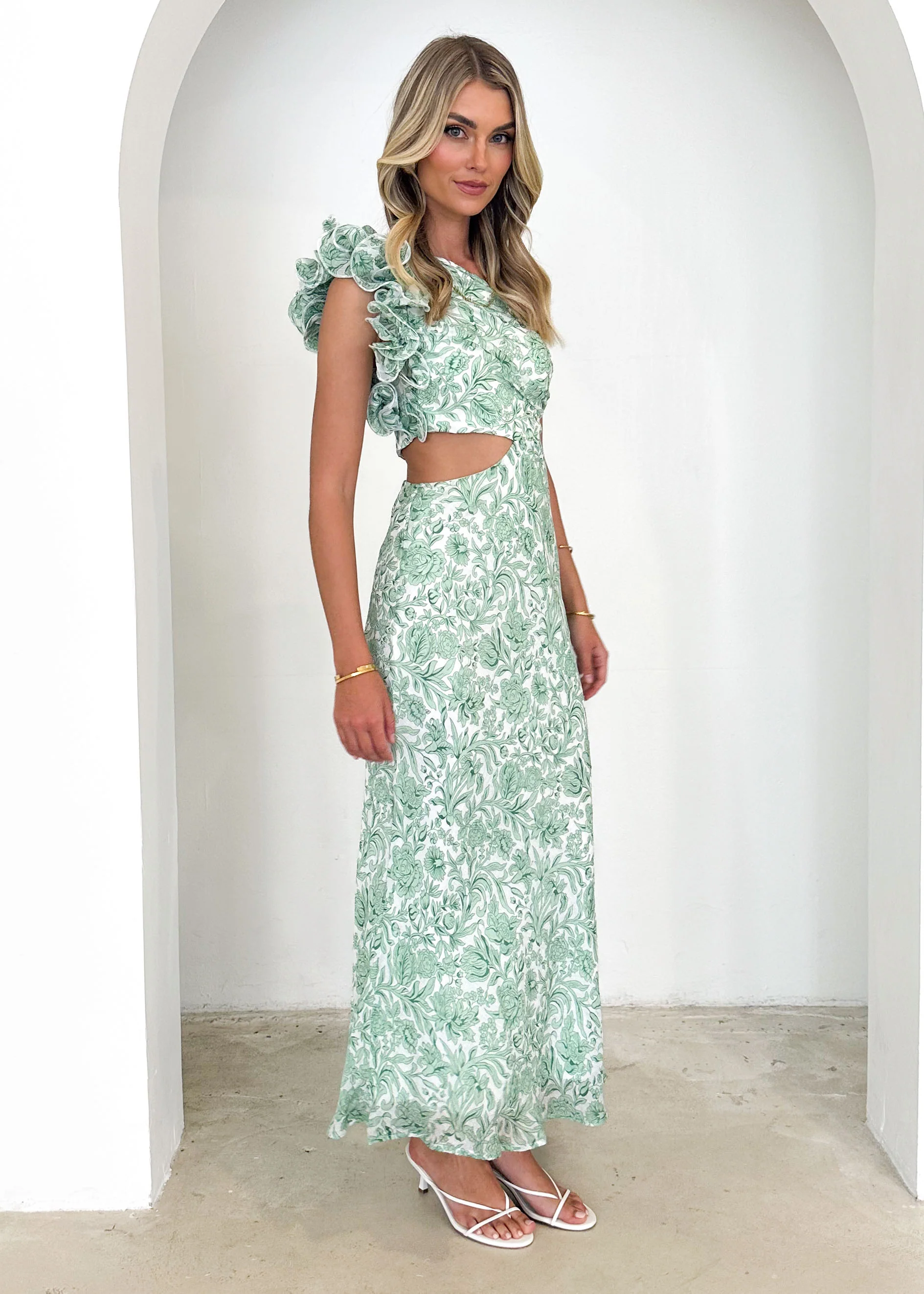 Adelia One Shoulder Midi Dress - Green Floral - Image 4