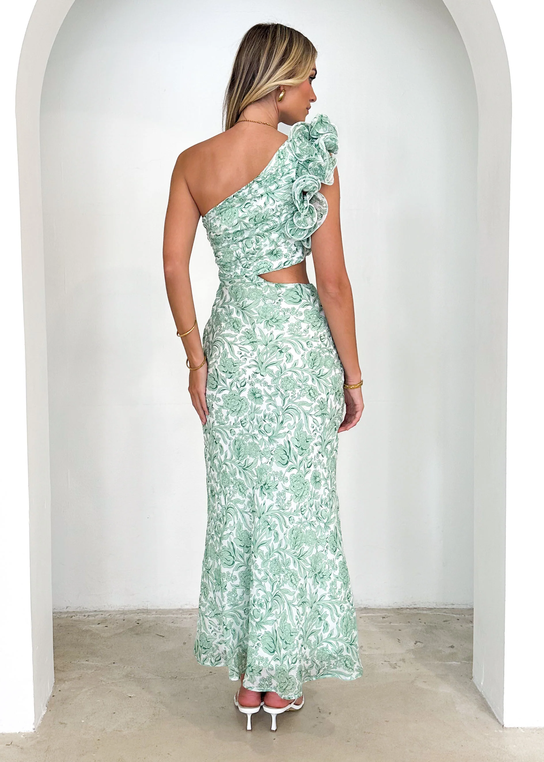 Adelia One Shoulder Midi Dress - Green Floral - Image 5
