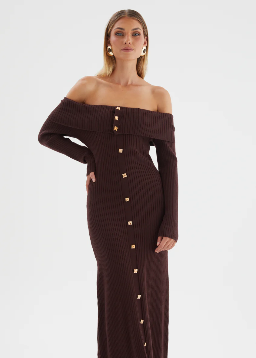 Aloe Off Shoulder Knit Maxi Dress - Chocolate - Image 3