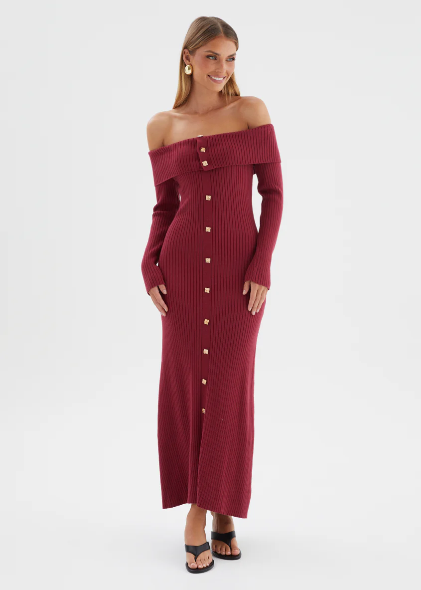 Aloe Off Shoulder Knit Maxi Dress - Wine - Image 5