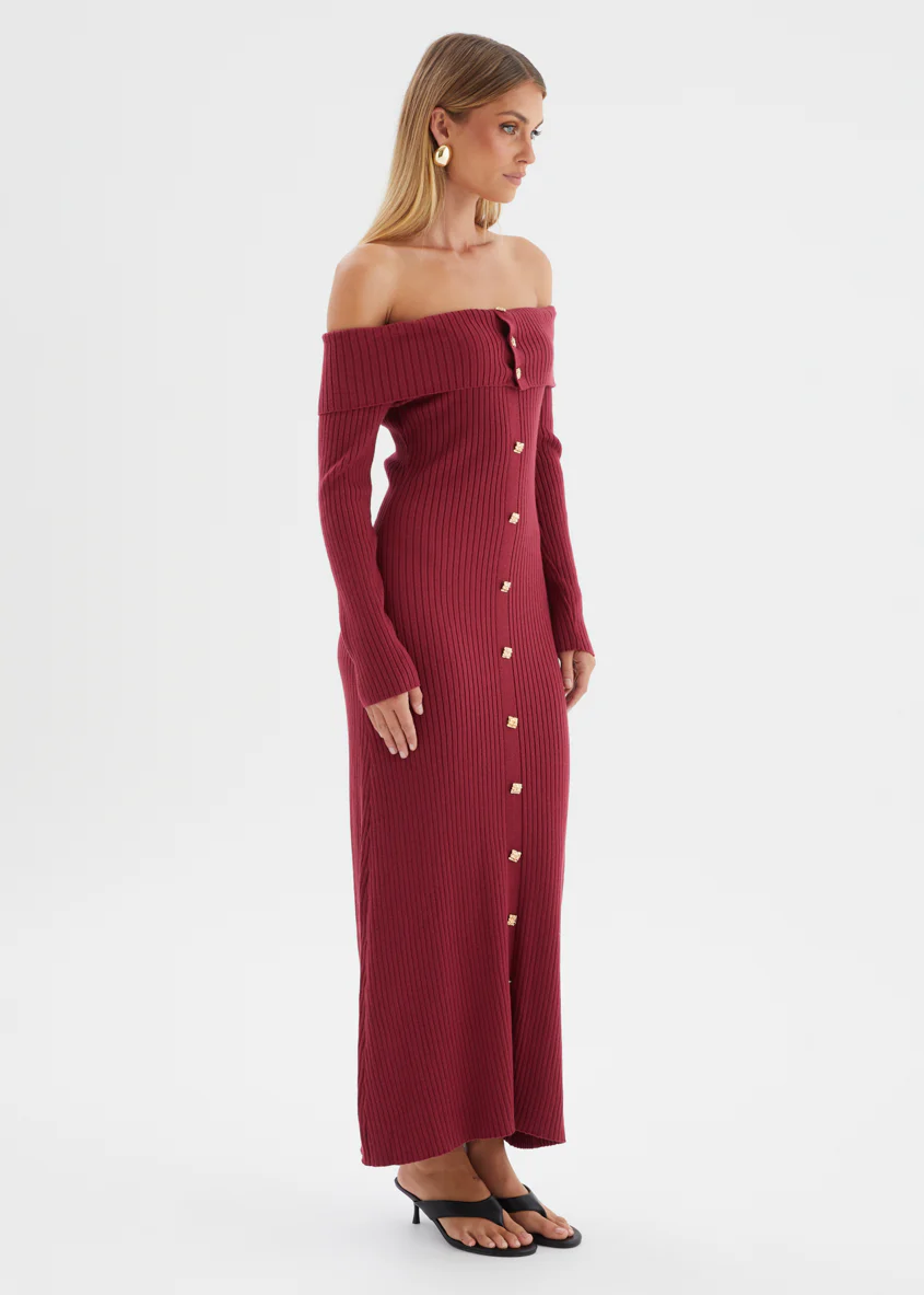 Aloe Off Shoulder Knit Maxi Dress - Wine - Image 6