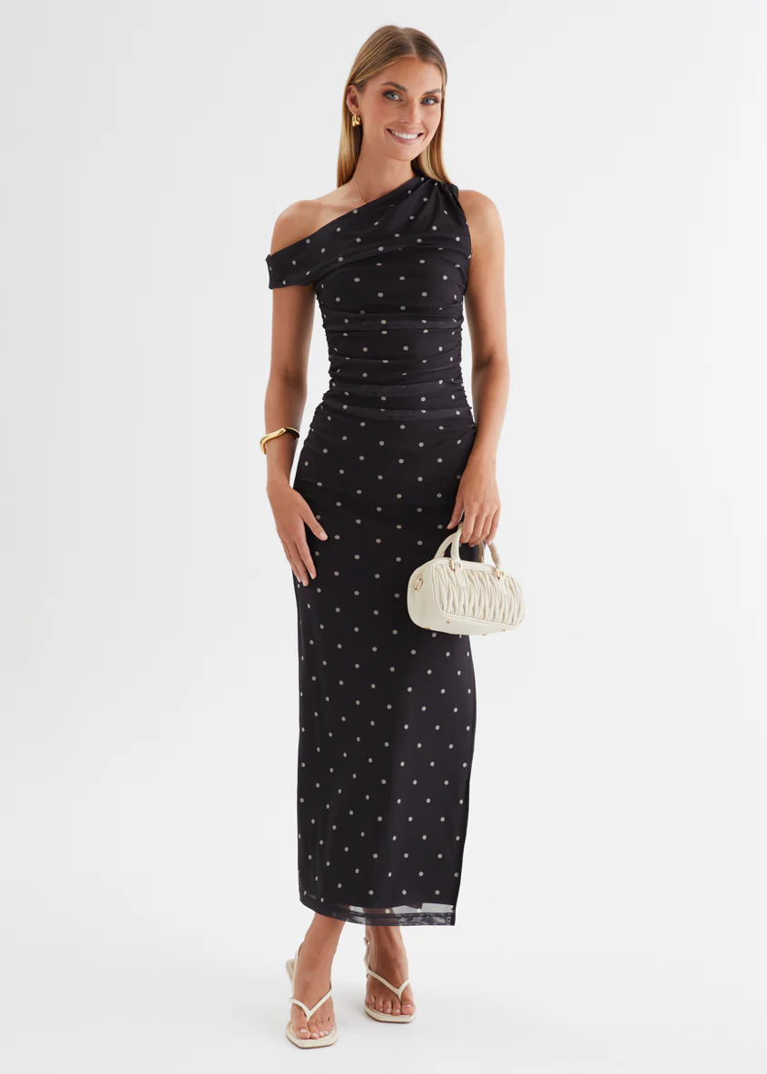 Ana Drop Shoulder Mesh Midi Dress - Black Polka - Image 4