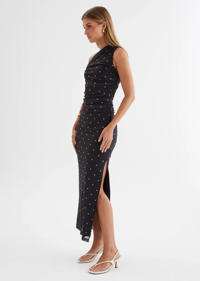 Ana Drop Shoulder Mesh Midi Dress - Black Polka - Image 6