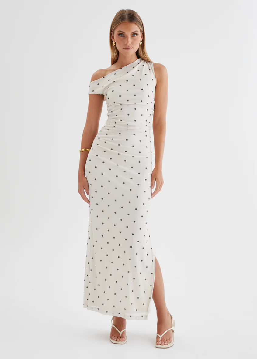 Ana Drop Shoulder Mesh Midi Dress - Cream Polka