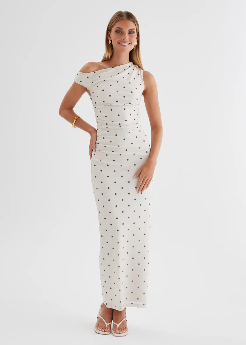 Ana Drop Shoulder Mesh Midi Dress - Cream Polka - Image 2