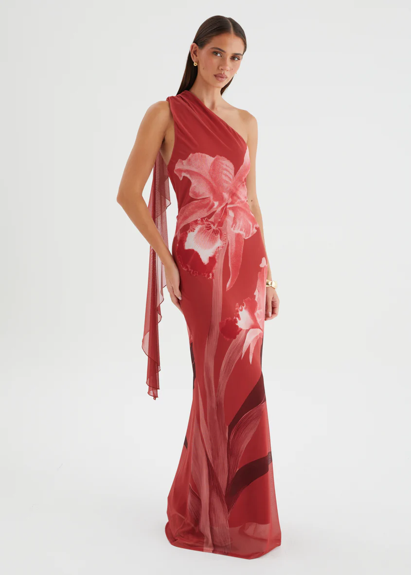 Anjy One Shoulder Mesh Maxi Dress - Strawberry Bloom - Image 5