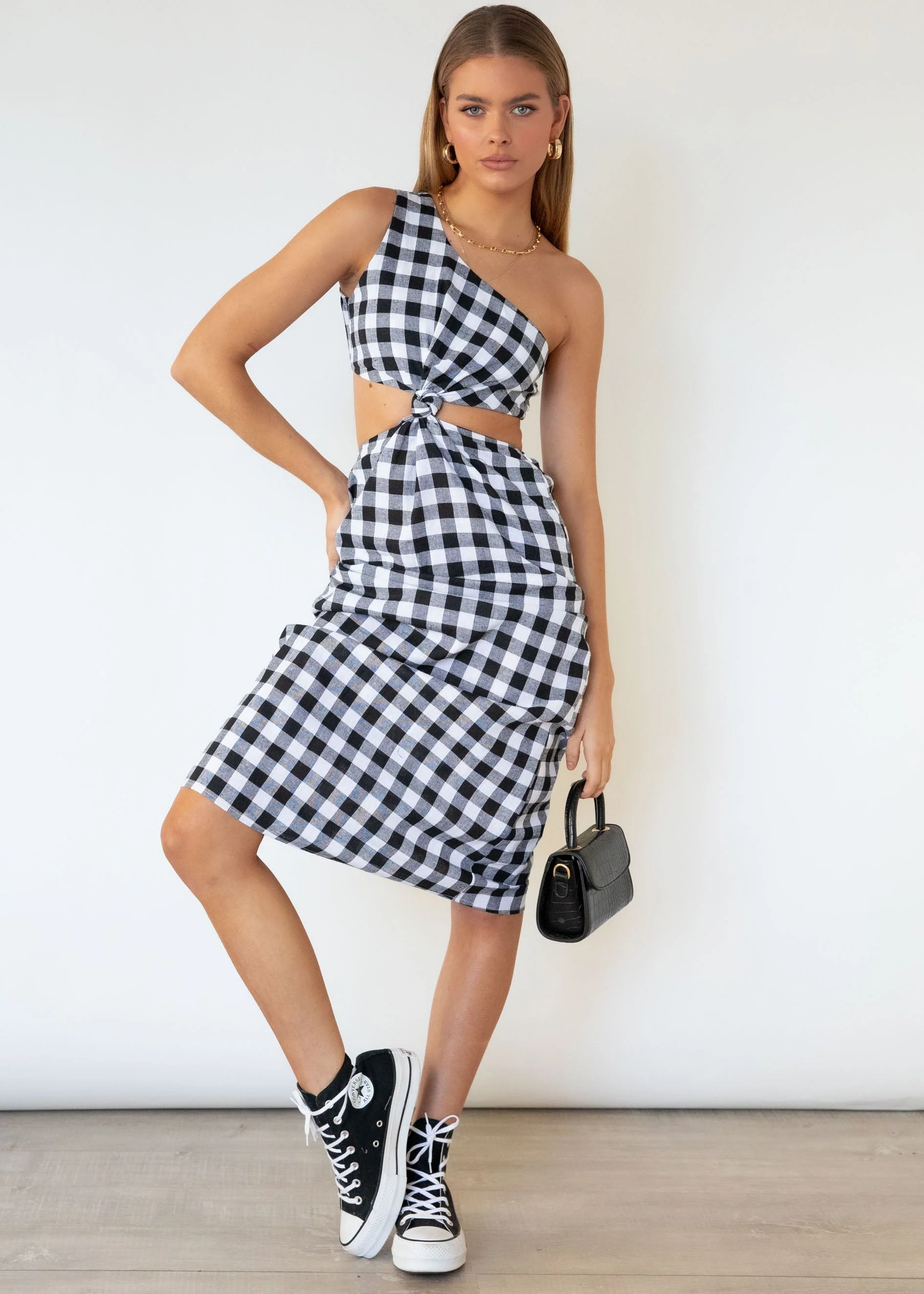 Annabel One Shoulder Midi Dress - B&W Gingham - Image 3