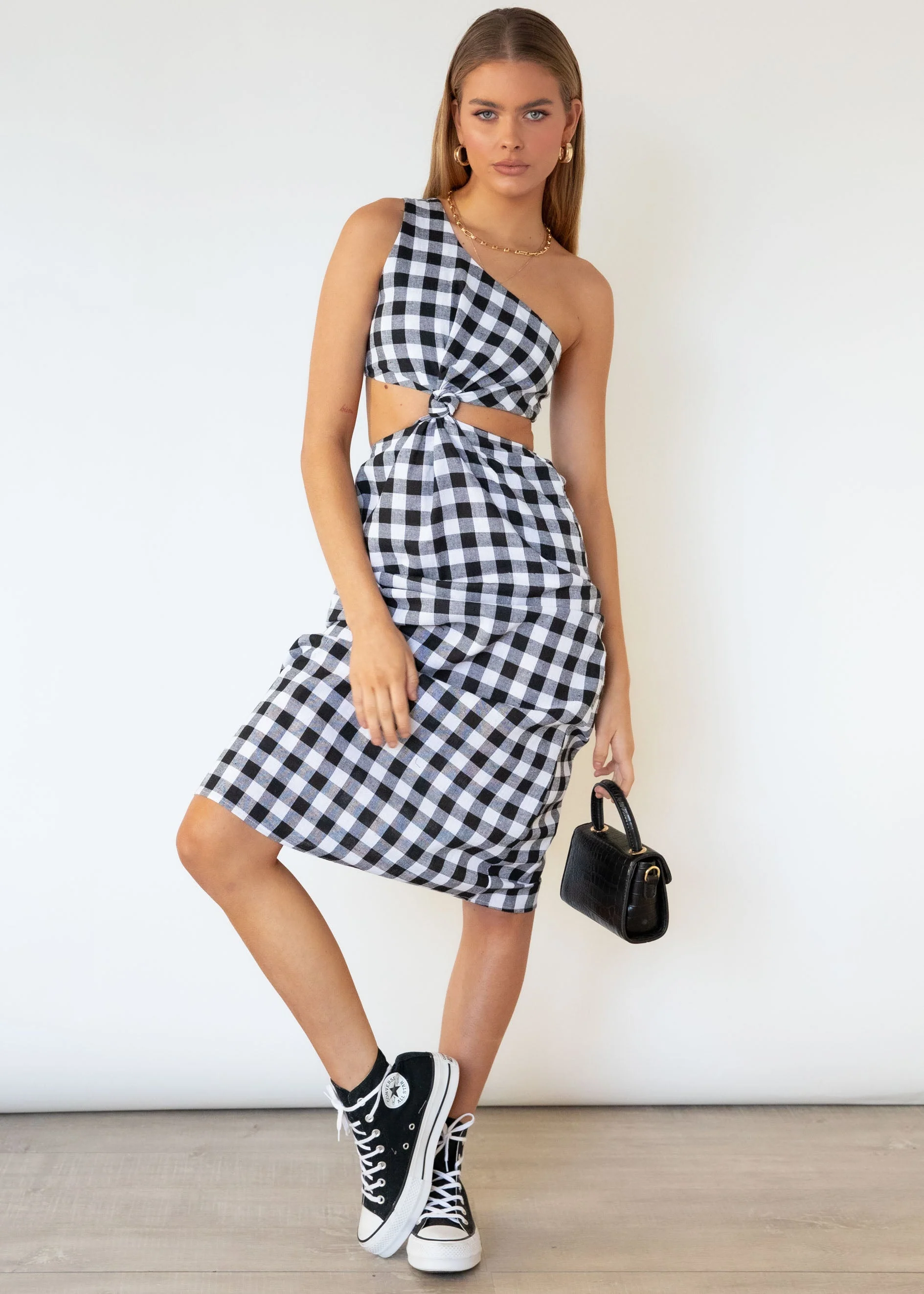 Annabel One Shoulder Midi Dress - B&W Gingham - Image 4
