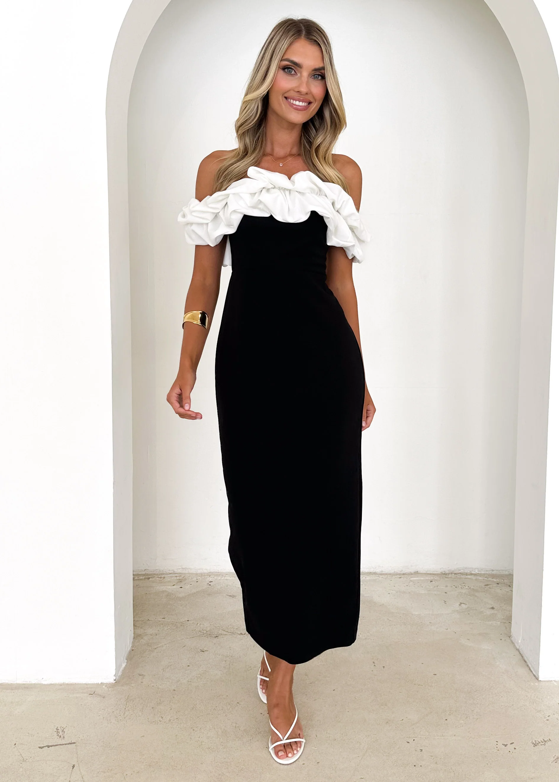 Ashlynn Off Shoulder Midi Dress - Black Splice - Image 3