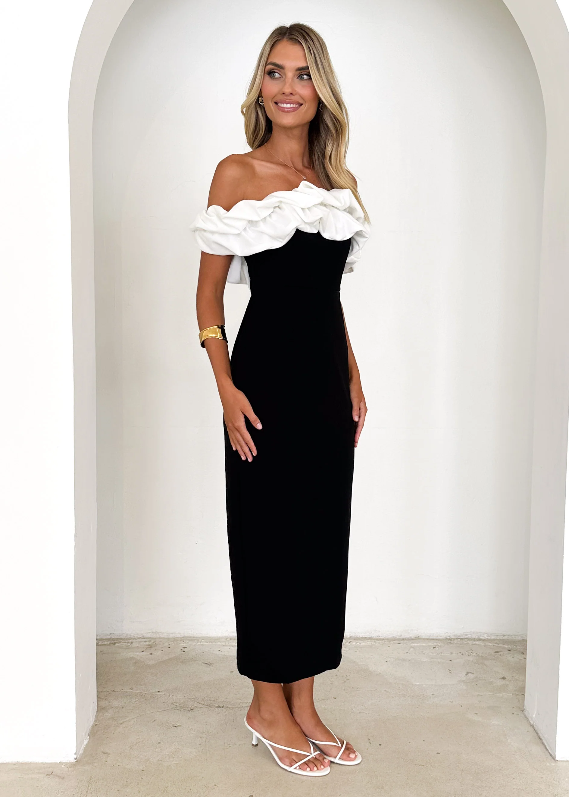 Ashlynn Off Shoulder Midi Dress - Black Splice - Image 7