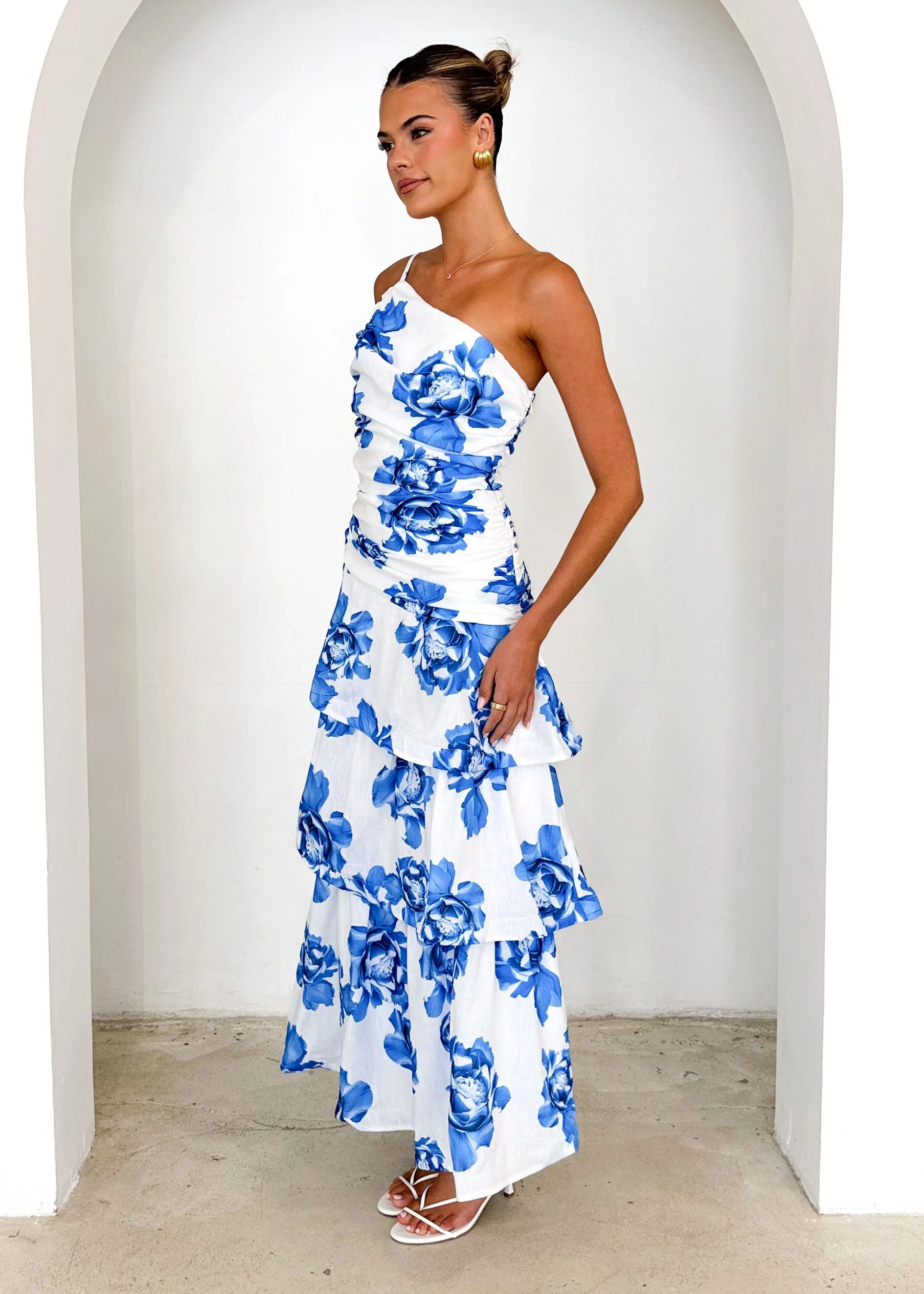 Aspra One Shoulder Midi Dress - Blue Floral - Image 4
