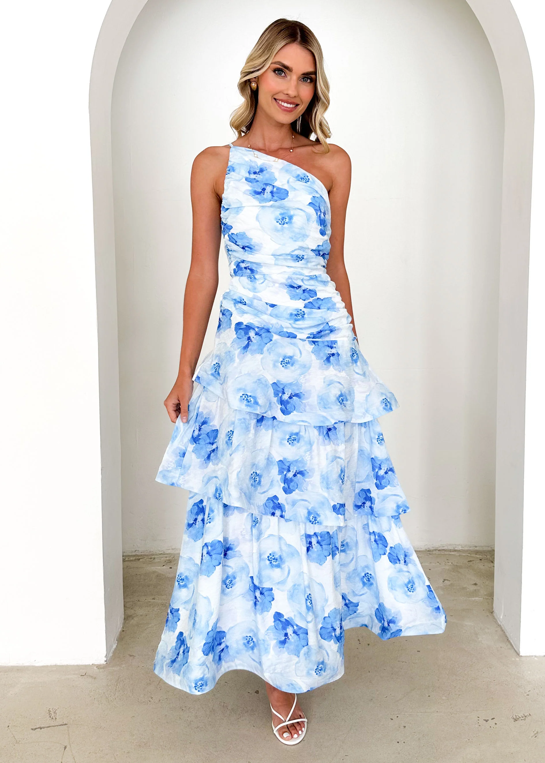 Aspra One Shoulder Midi Dress - Blue Flowers - Image 3