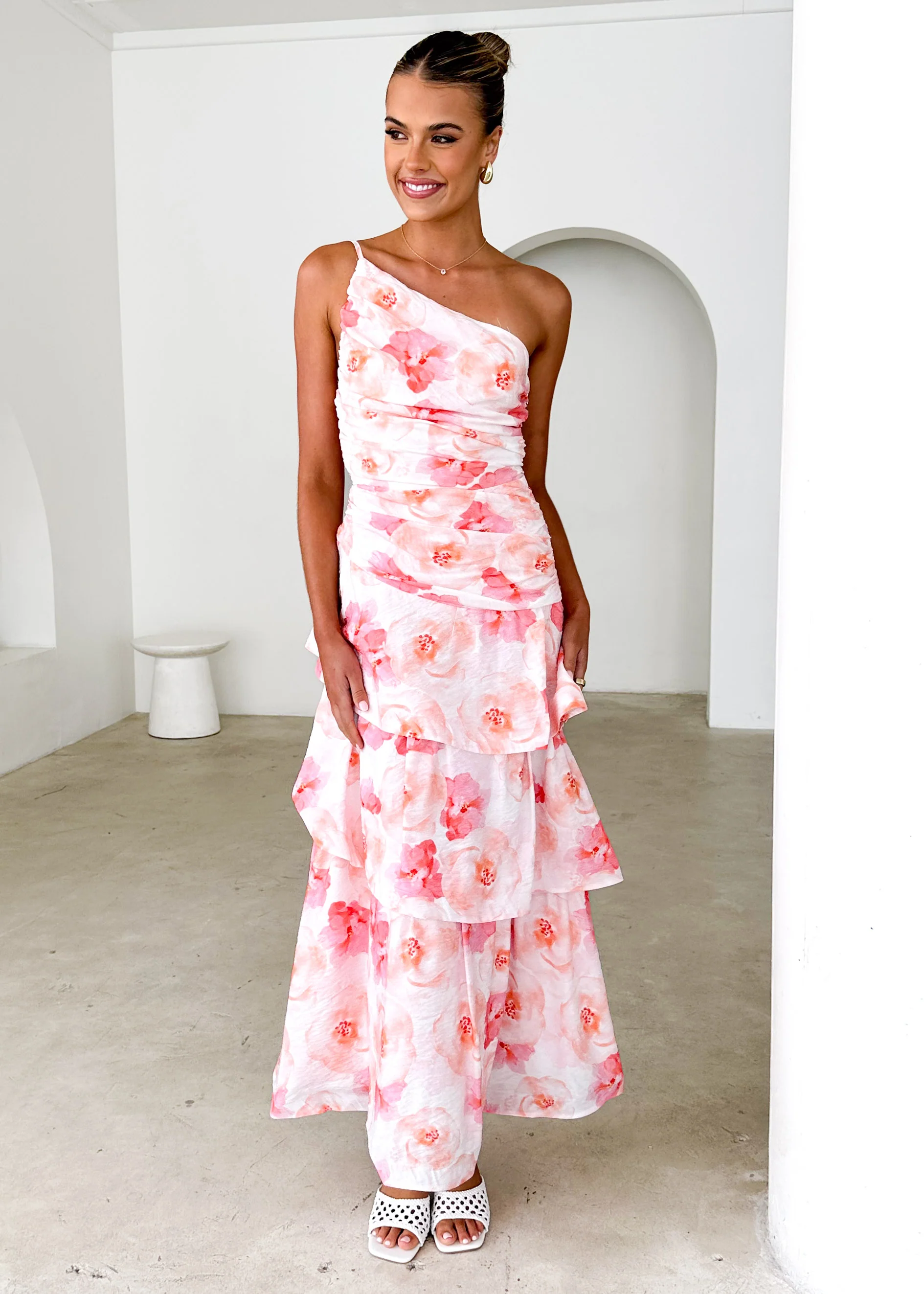 Aspra One Shoulder Midi Dress - Peach Watercolour - Image 2