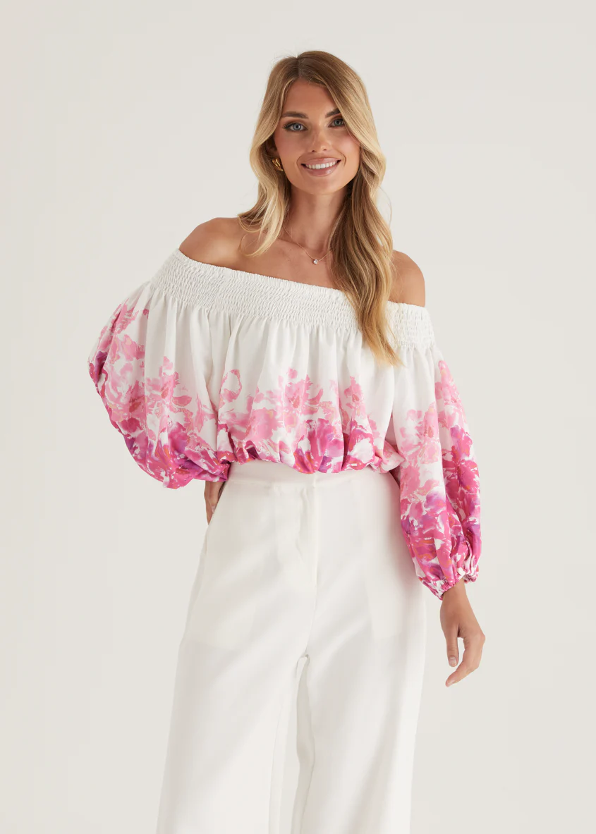 Averie Off Shoulder Top - Pink Floral - Image 13