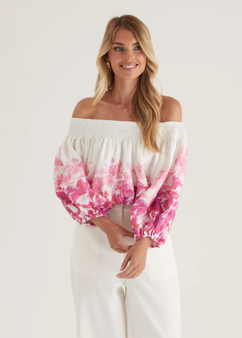 Averie Off Shoulder Top - Pink Floral - Image 16