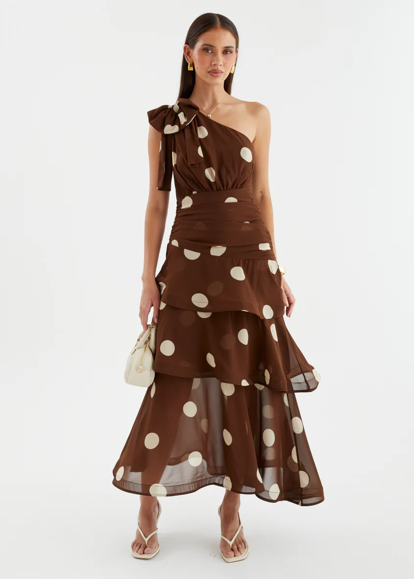 Bailee One Shoulder Midi Dress - Tan Polka - Image 2