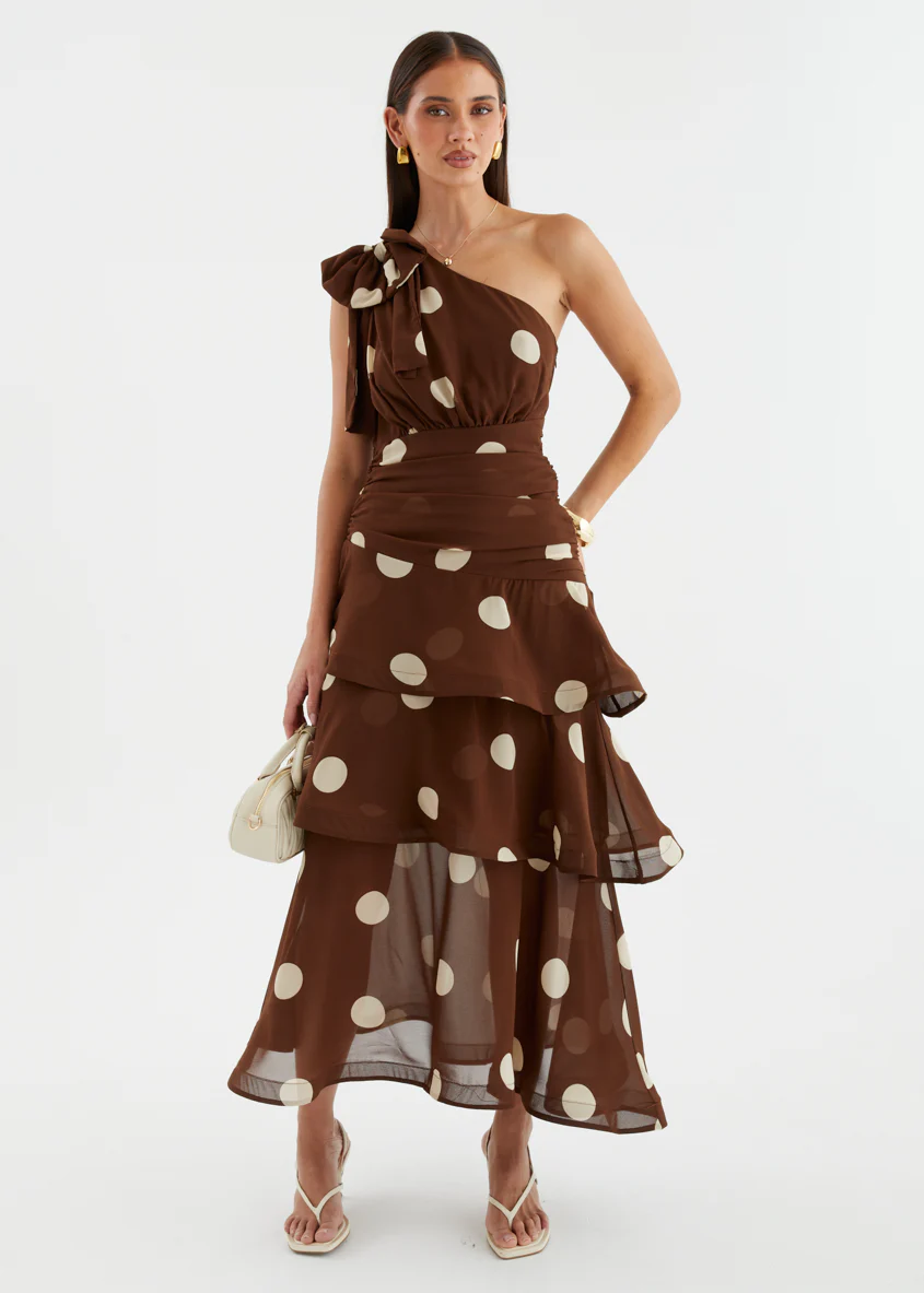 Bailee One Shoulder Midi Dress - Tan Polka - Image 5