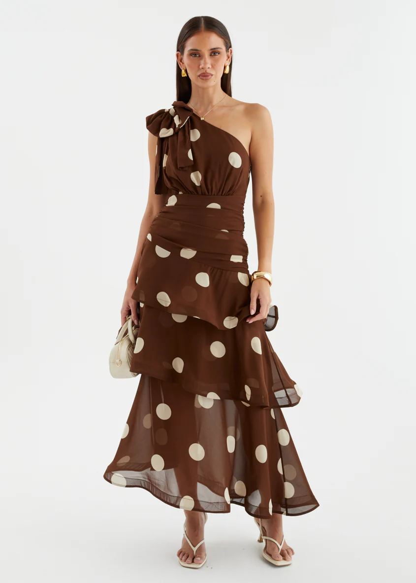 Bailee One Shoulder Midi Dress - Tan Polka - Image 8