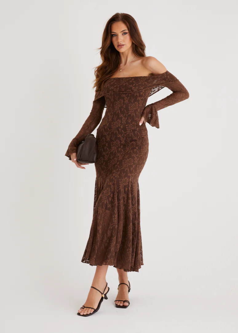 Cabo Off Shoulder Lace Maxi Dress - Chocolate - Image 2