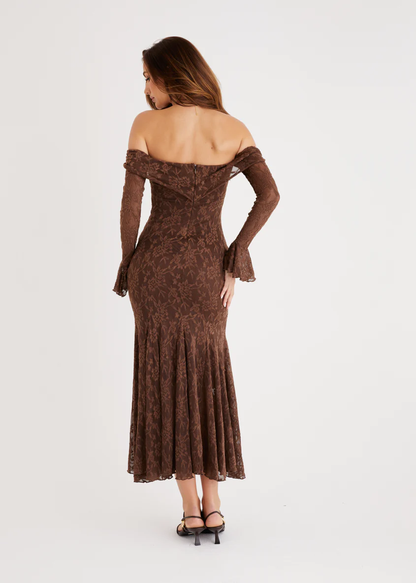 Cabo Off Shoulder Lace Maxi Dress - Chocolate - Image 9