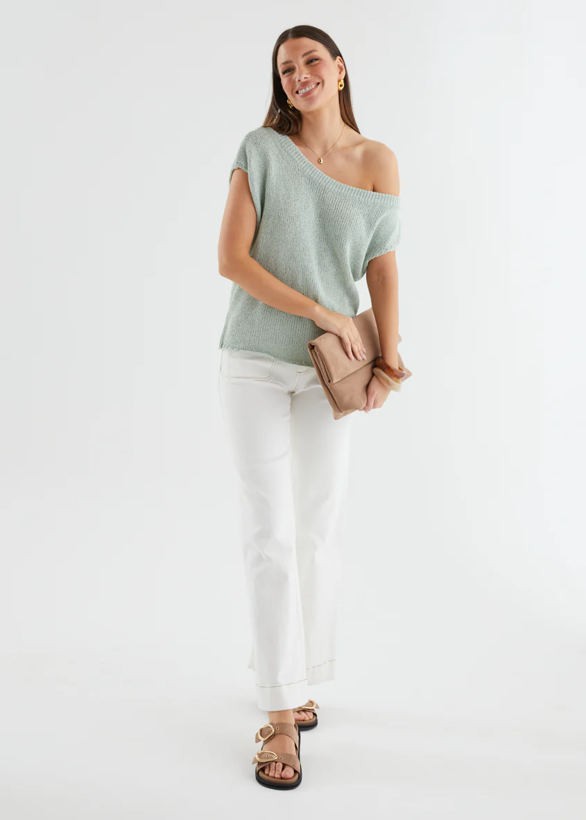 Casoni One Shoulder Knit Top - Sage - Image 5