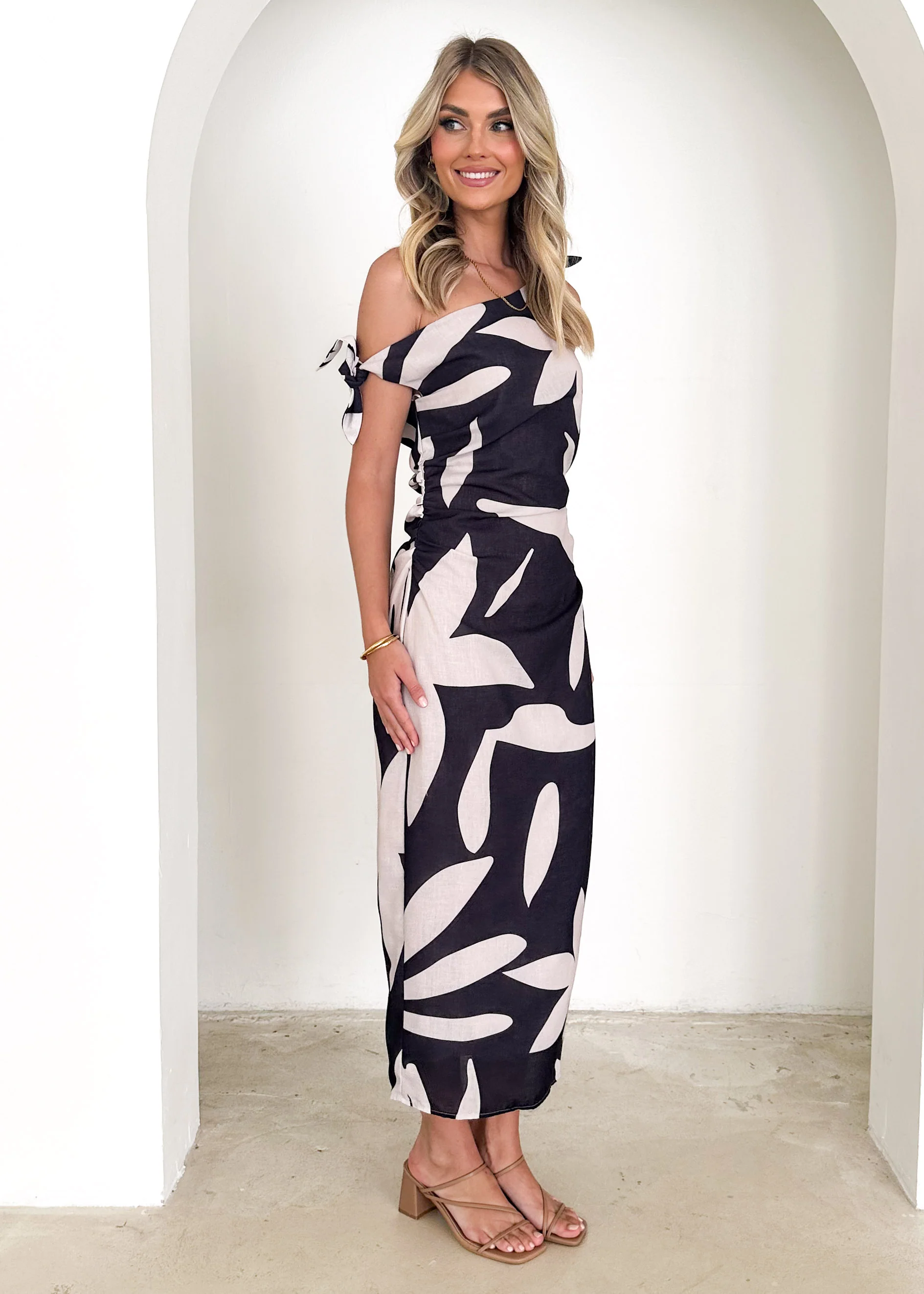 Dulcie One Shoulder Midi Dress - Black Abstract - Image 6