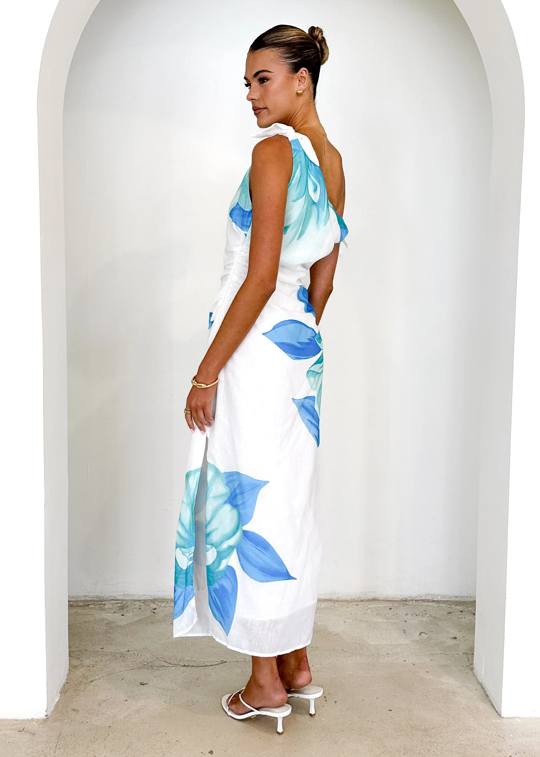 Dulcie One Shoulder Midi Dress - Blue Flowers - Image 5