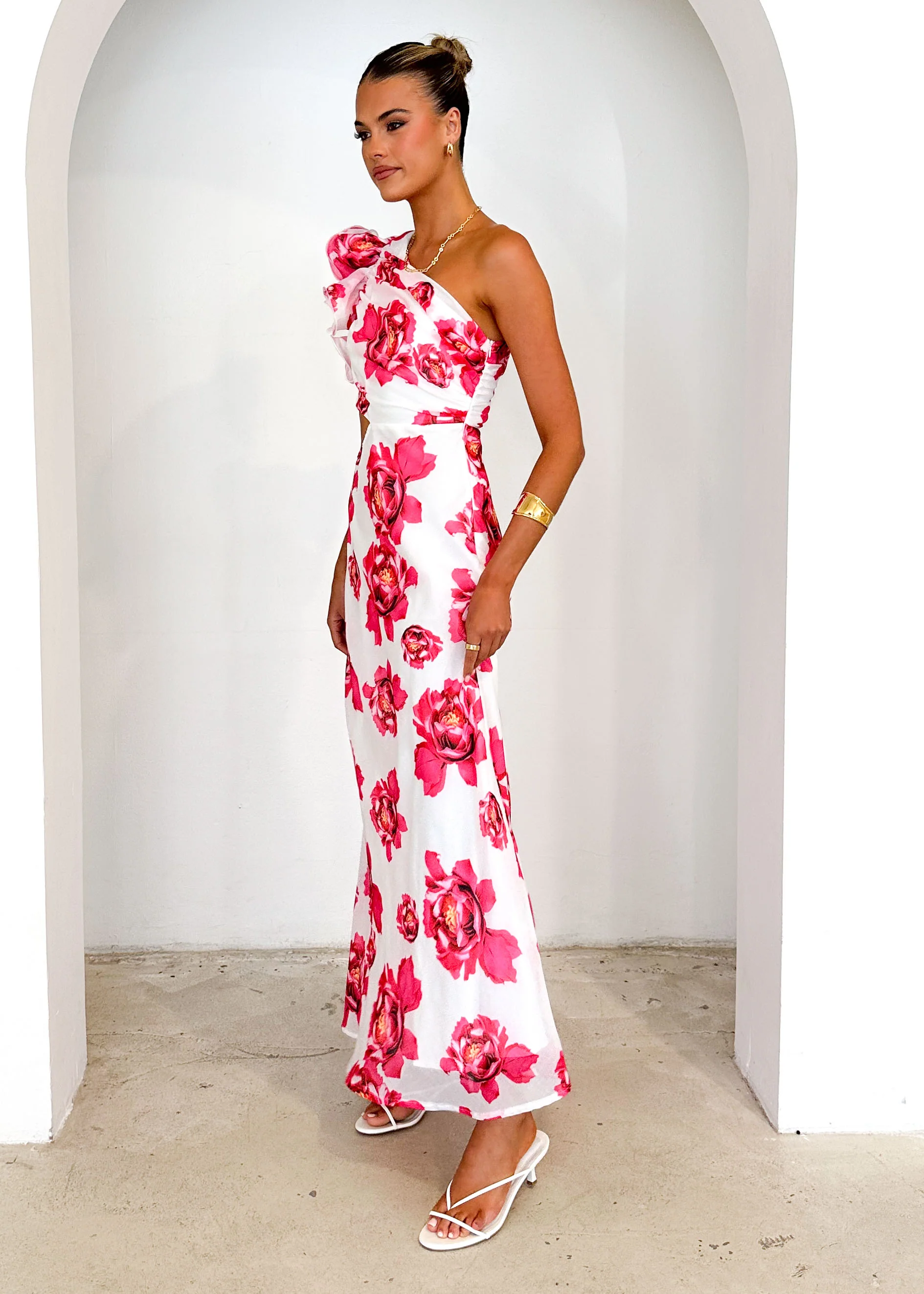 Edon One Shoulder Maxi Dress - Red Floral - Image 4