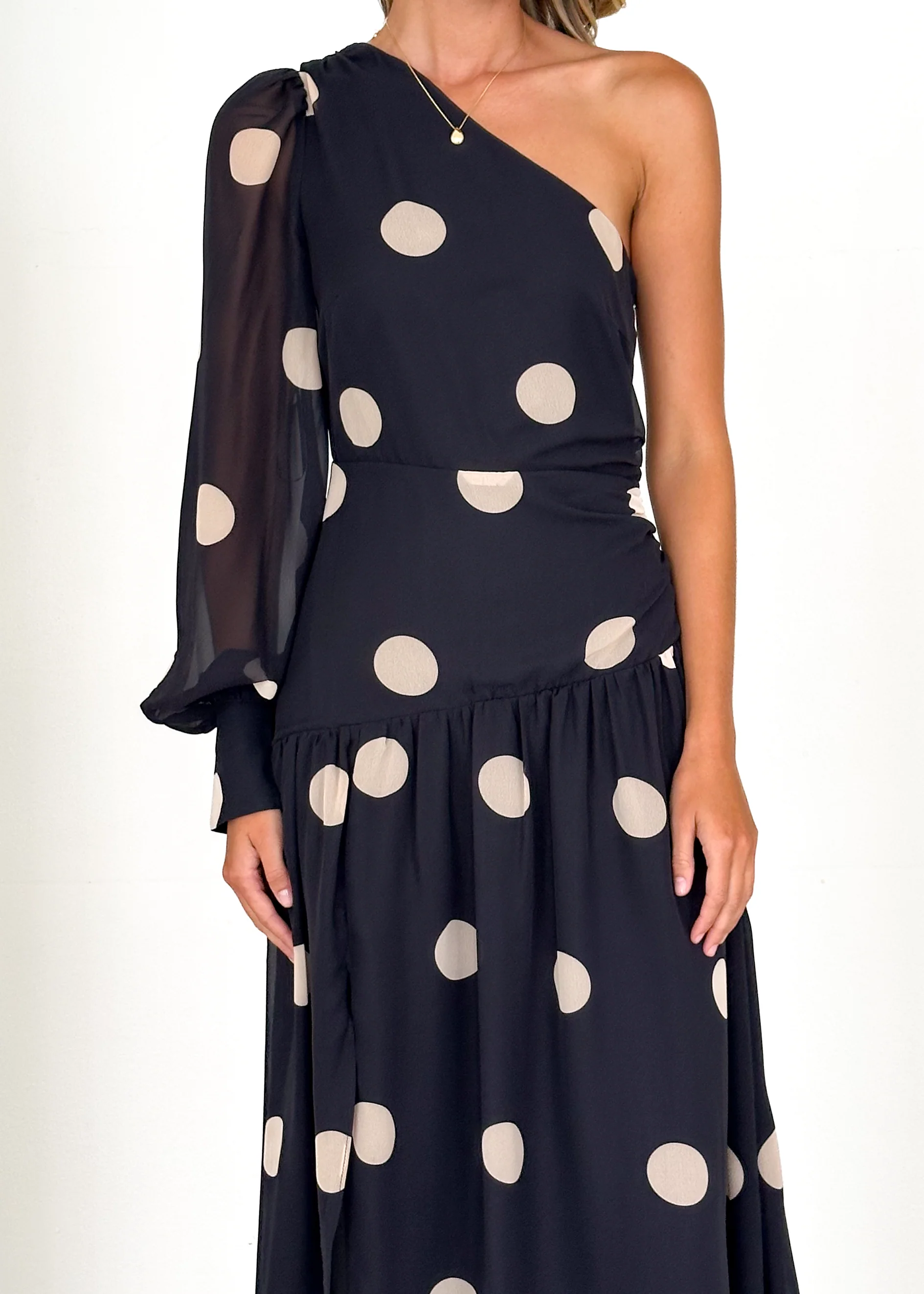 Ella One Shoulder Maxi Dress - Black Polka - Image 13