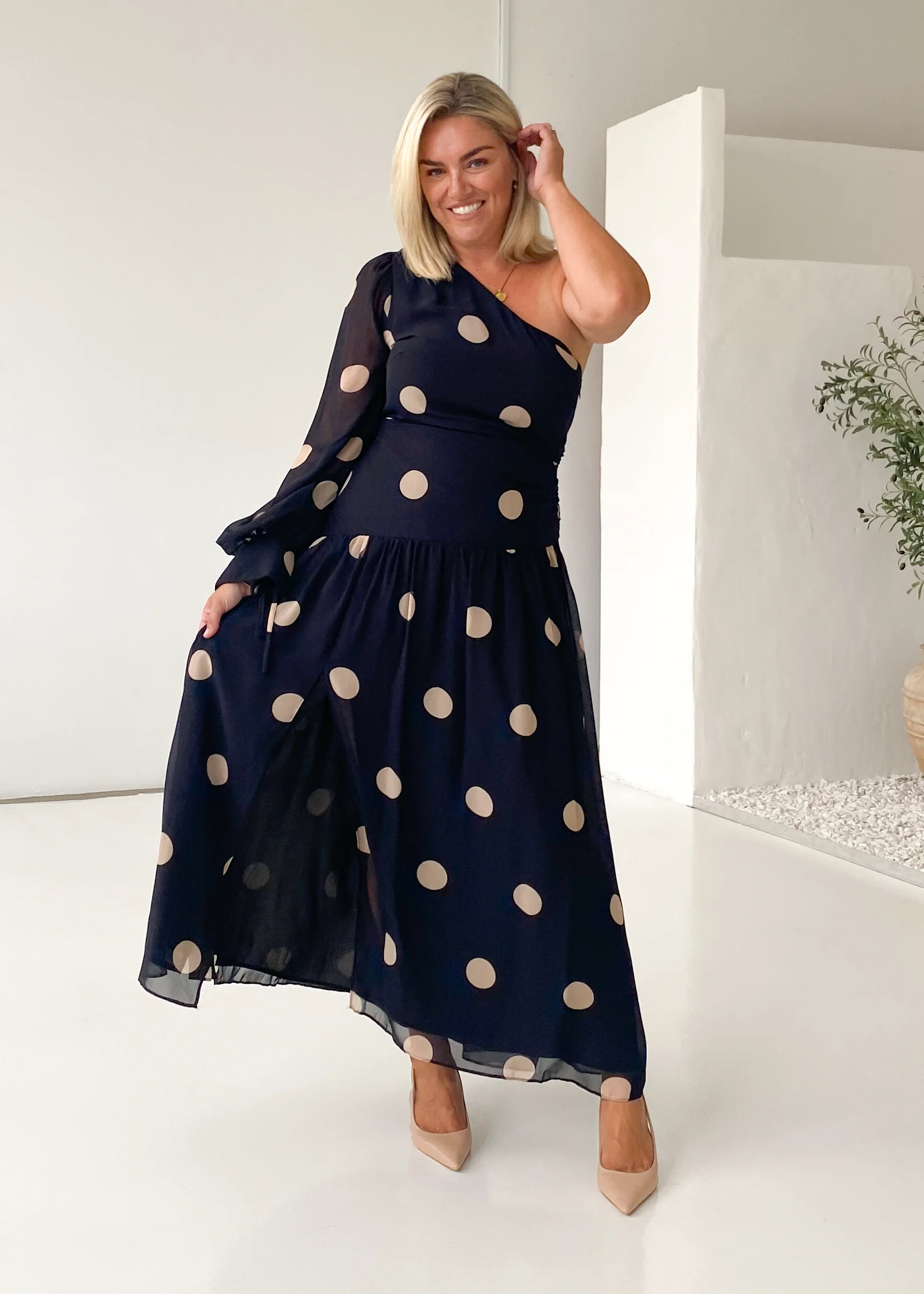 Ella One Shoulder Maxi Dress - Black Polka - Image 6
