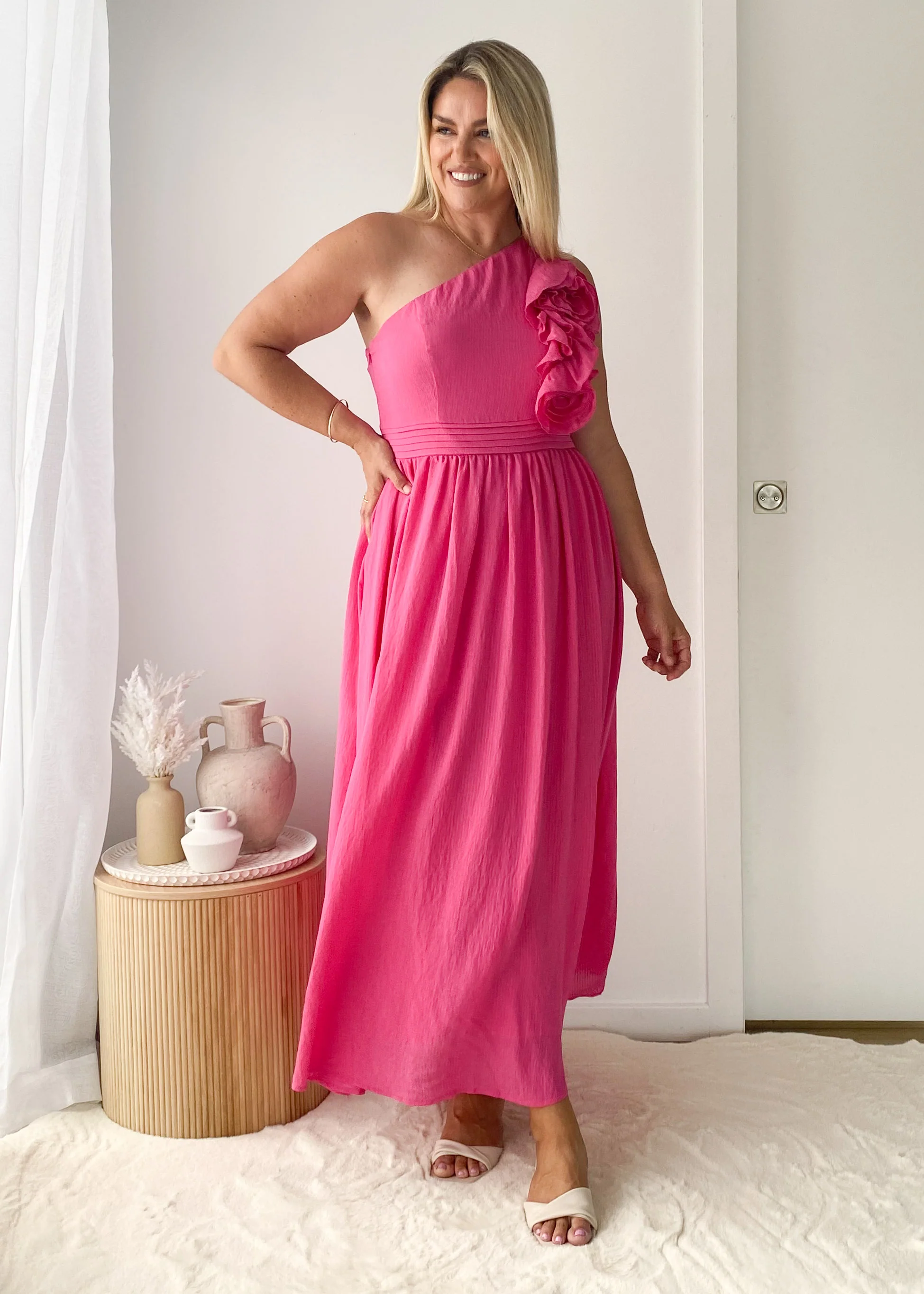 Essja One Shoulder Midi Dress - Pink - Image 3