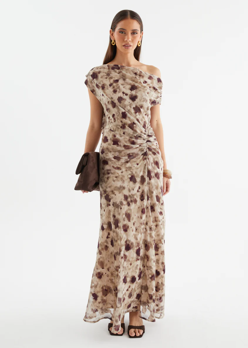 Flirtini One Shoulder Maxi Dress - Cocoa Leopard
