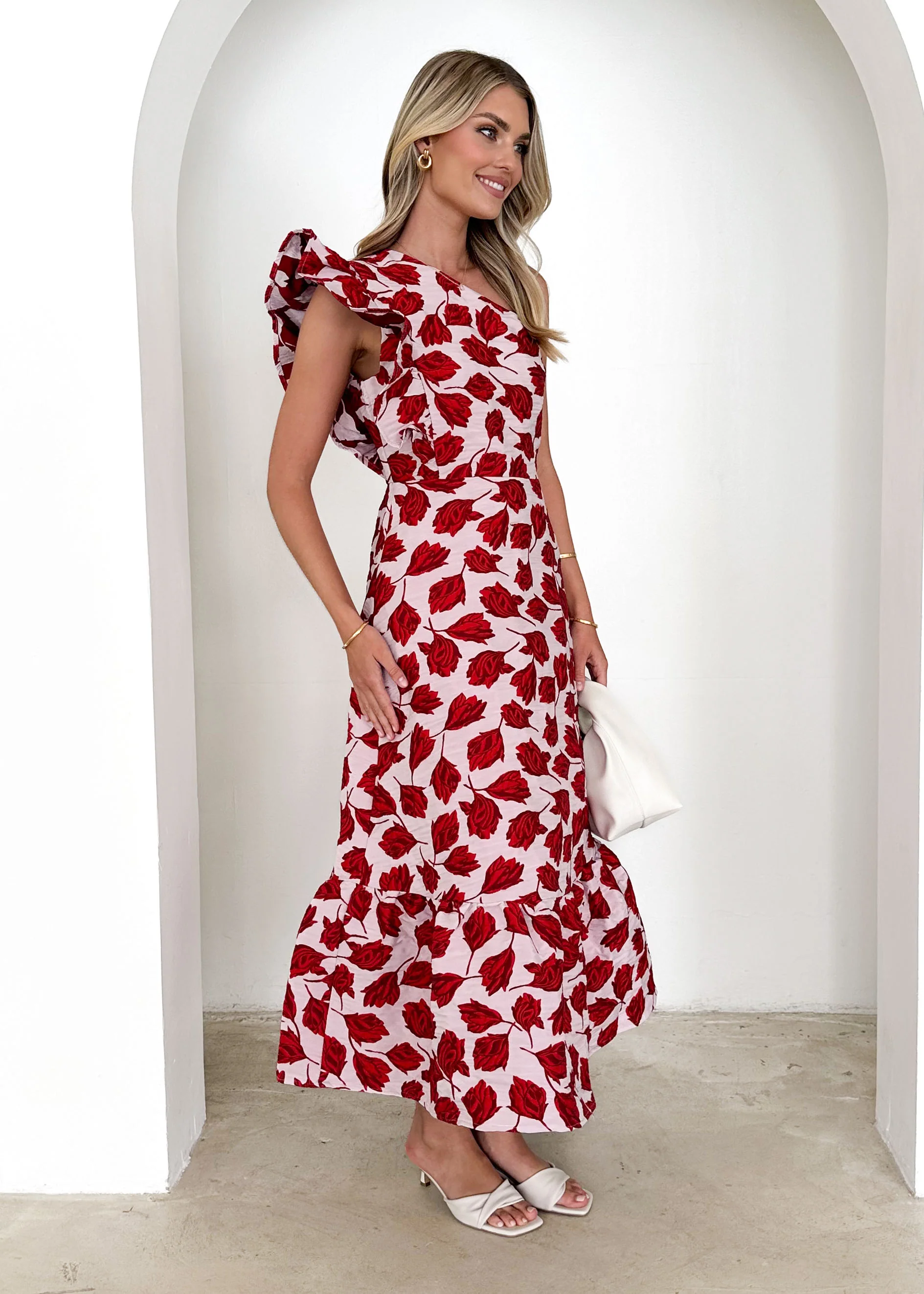 Florez One Shoulder Midi Dress - Red Rose - Image 5