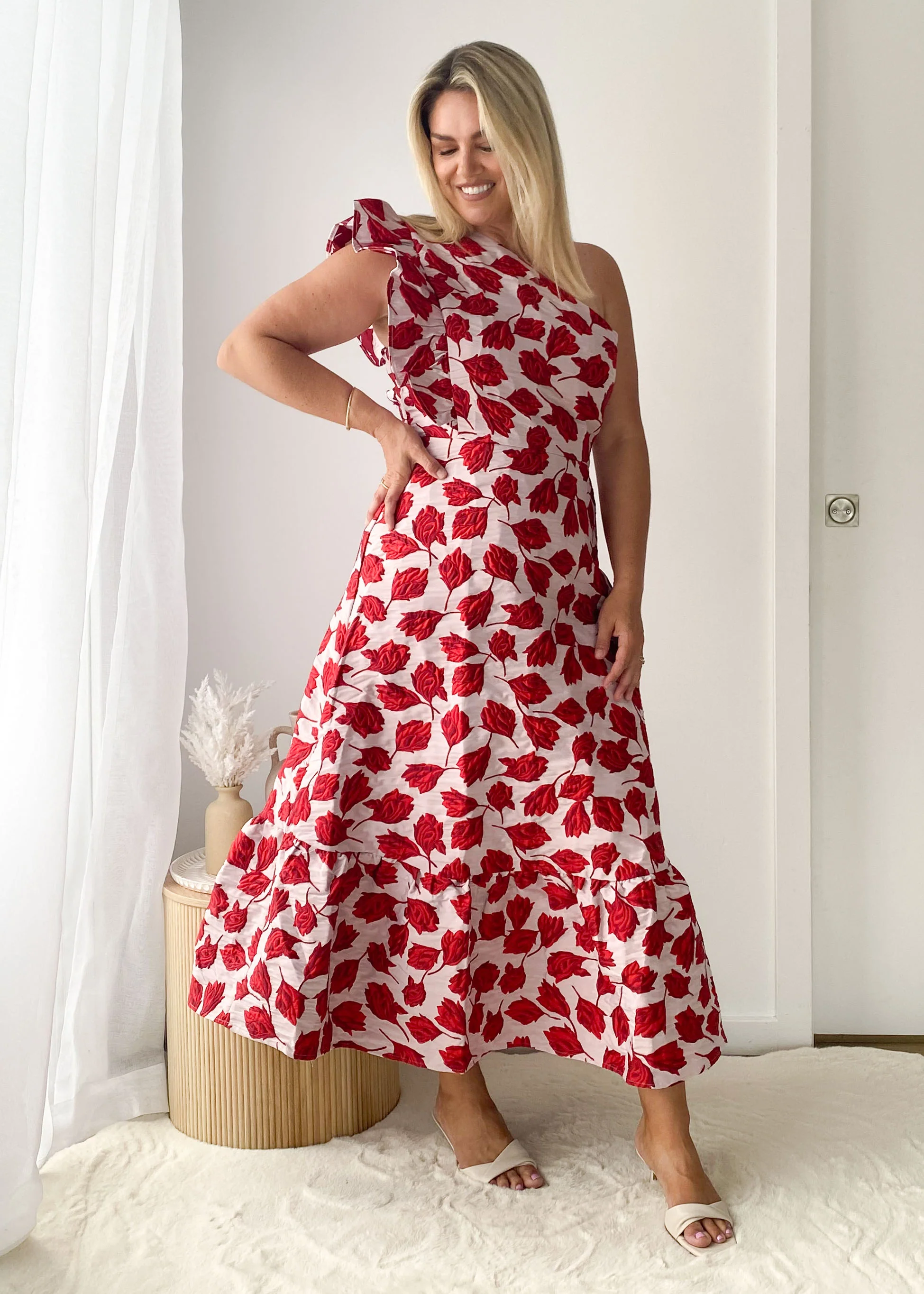 Florez One Shoulder Midi Dress - Red Rose - Image 7