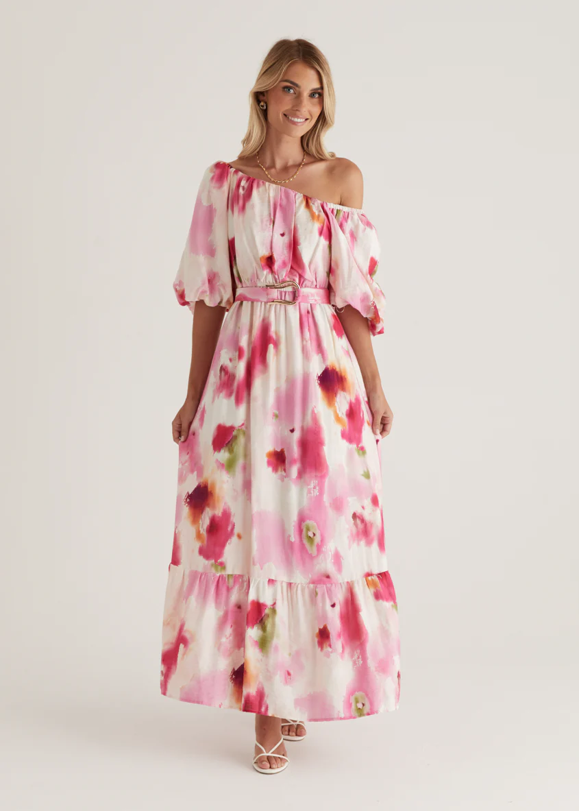 Halia Off Shoulder Midi Dress - Pink Watercolour