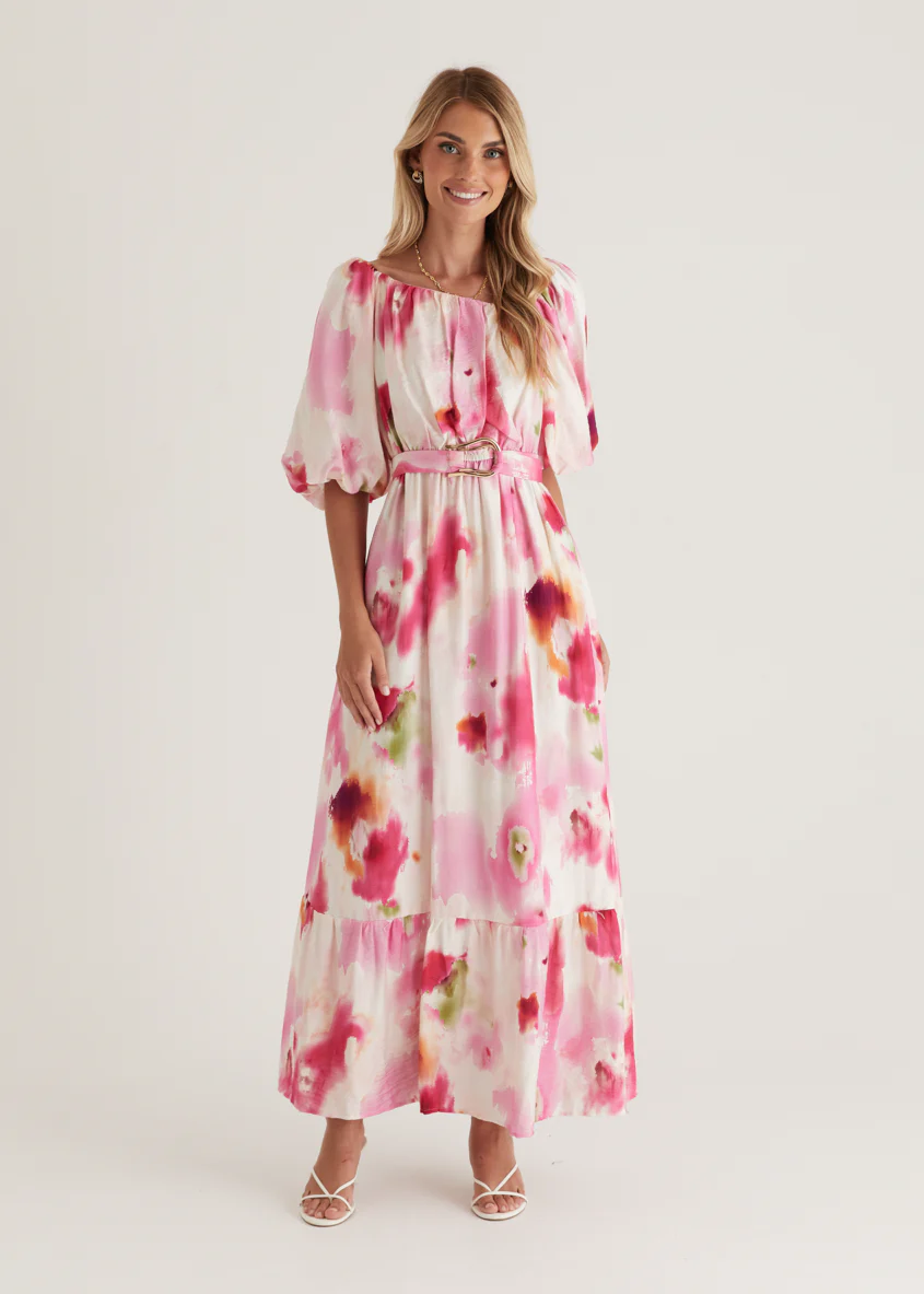 Halia Off Shoulder Midi Dress - Pink Watercolour - Image 3