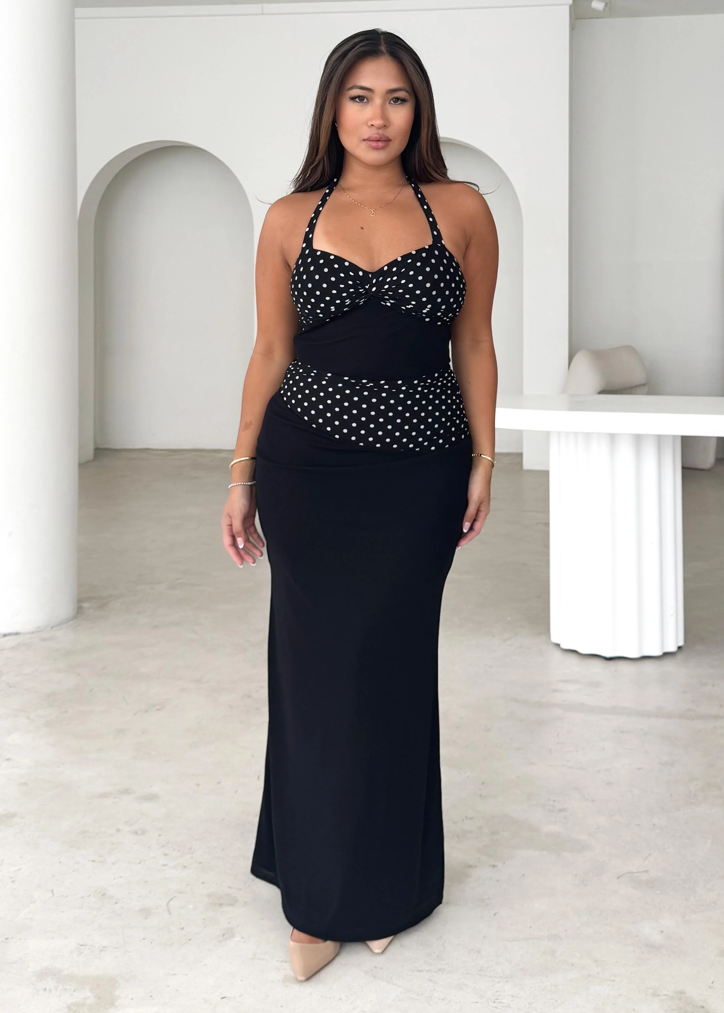 Ishelle Halter Mesh Maxi Dress - Black Polka Dot
