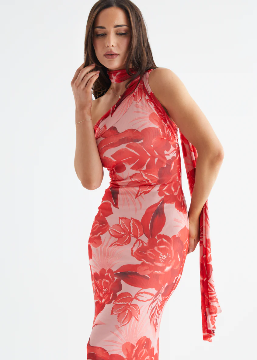 Jenna One Shoulder Maxi Dress - Red Flowers - Image 2