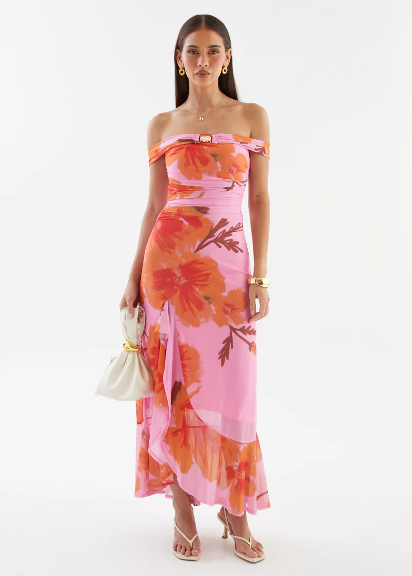 Jiya Off Shoulder Mesh Maxi Dress - Pink Hibiscus - Image 5
