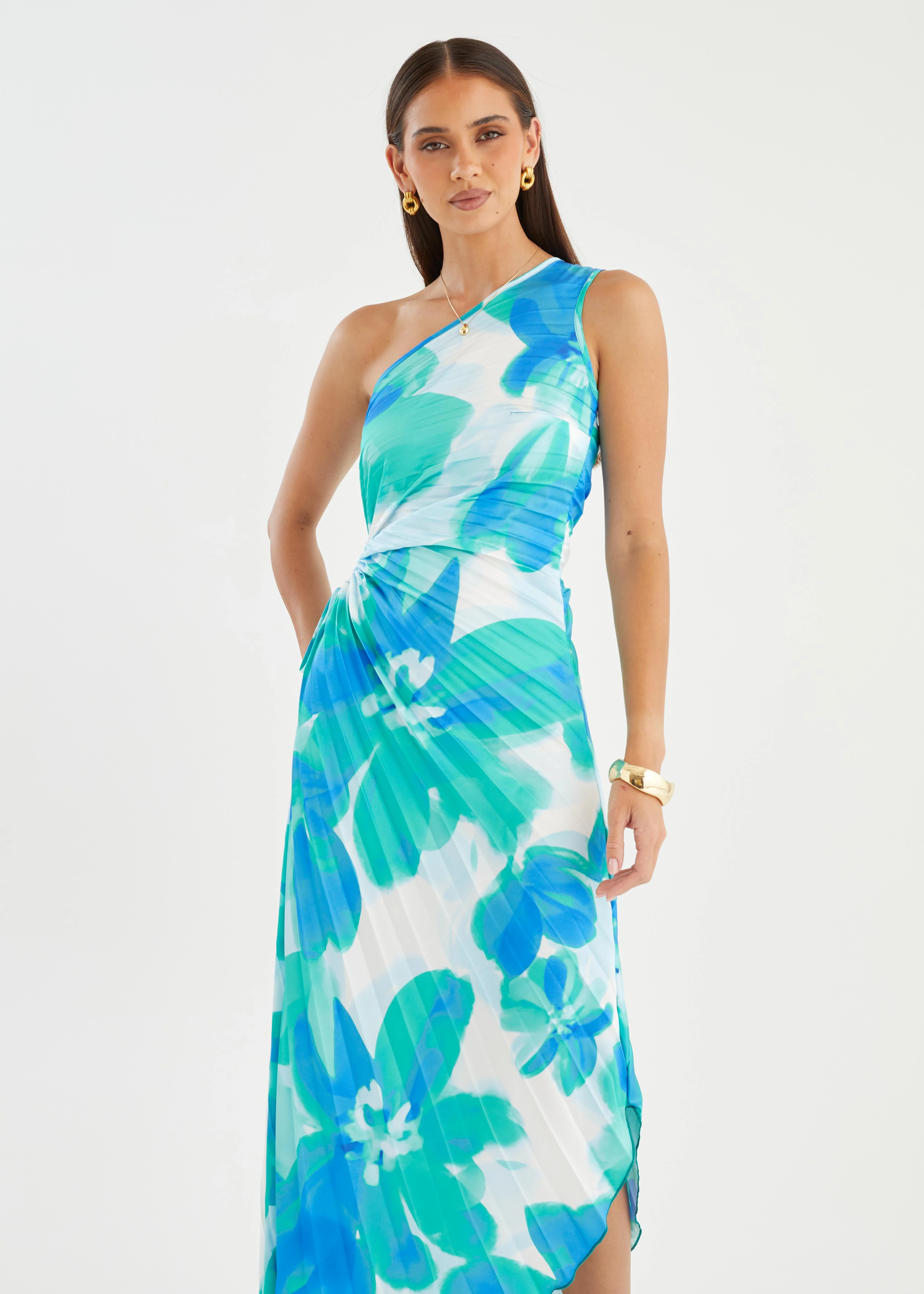 Kiyo One Shoulder Midi Dress - Aqua Petal - Image 5