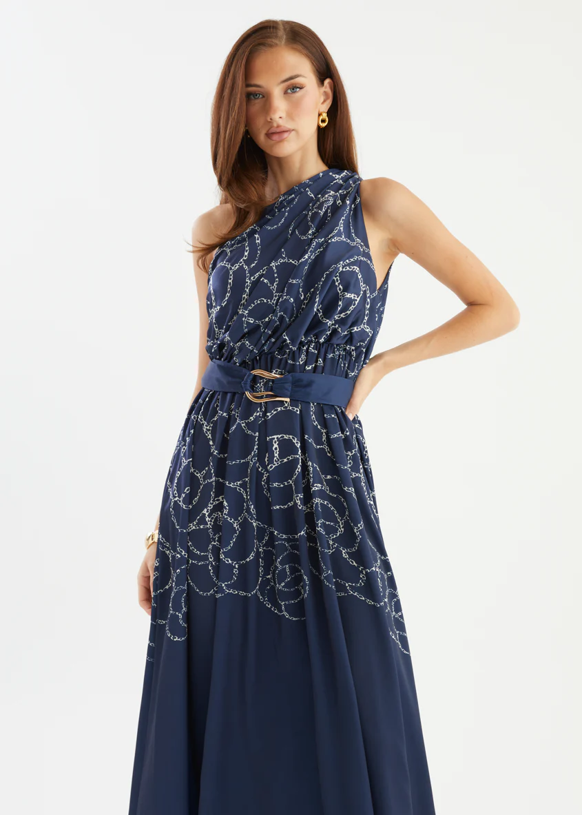 Korah One Shoulder Midi Dress - Navy Abstract - Image 2