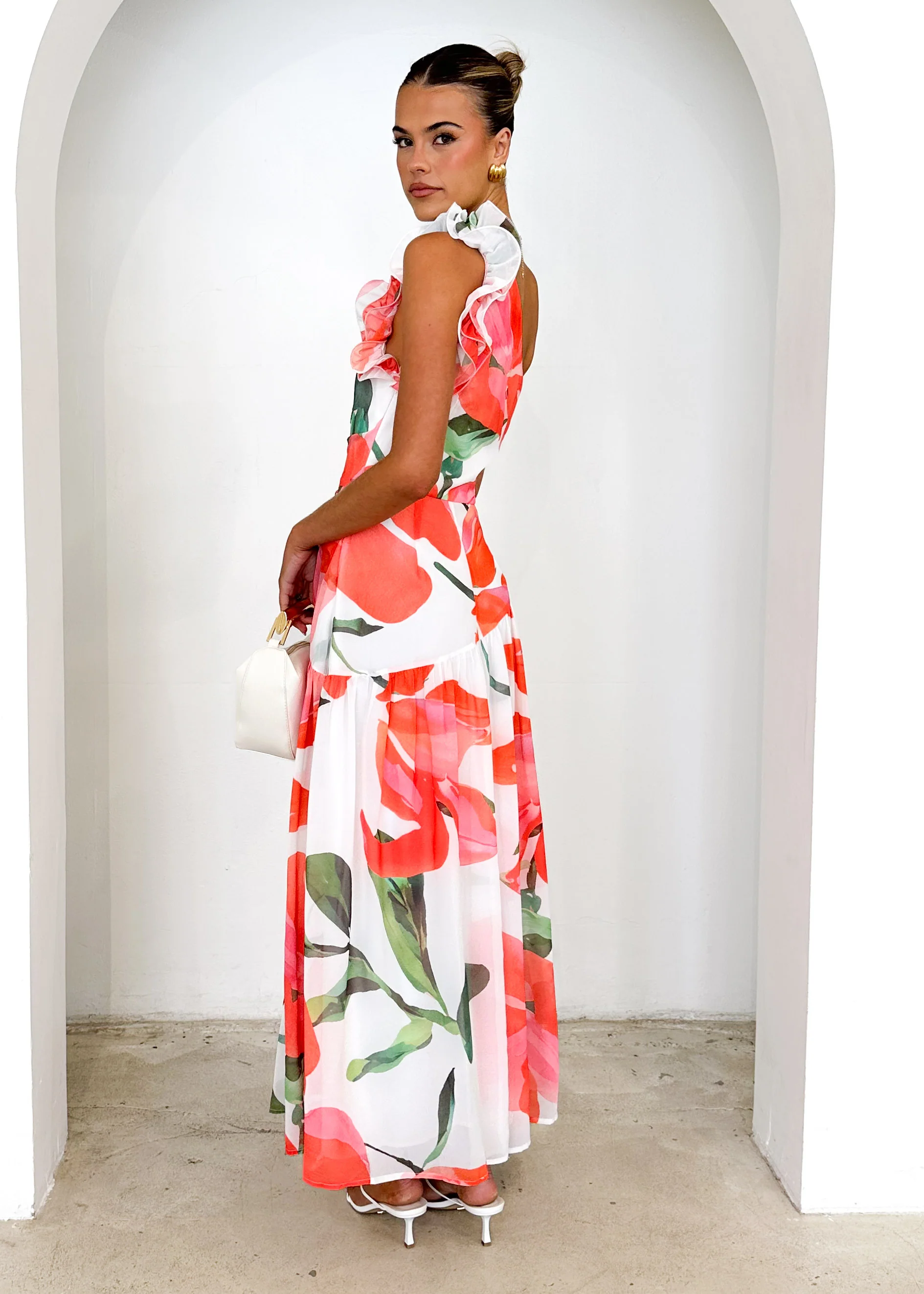 Lentara One Shoulder Maxi Dress - Red Flowers - Image 7