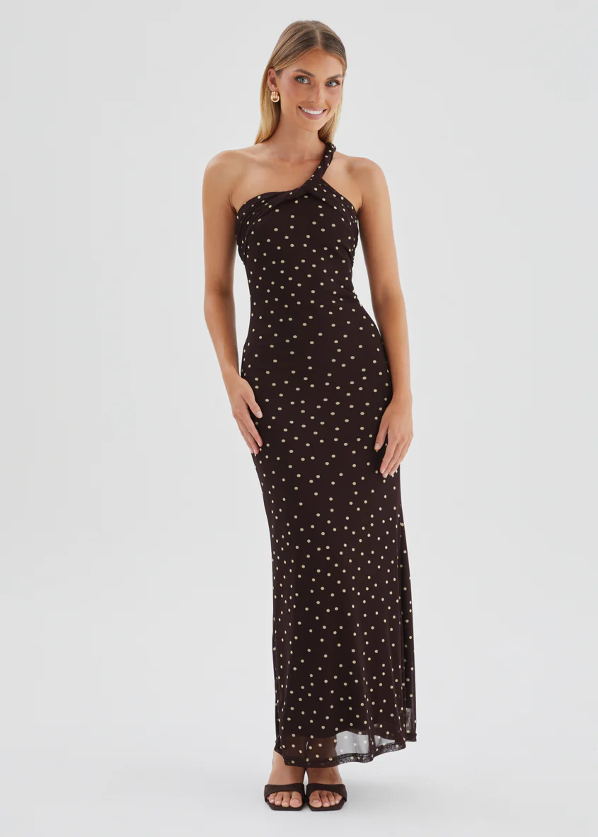 Lexy One Shoulder Mesh Maxi Dress - Choc Polka Dot - Image 4