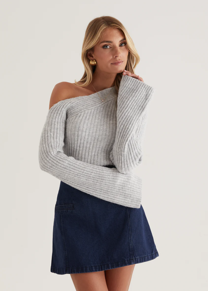 Lily One Shoulder Knit Top - Grey - Image 4