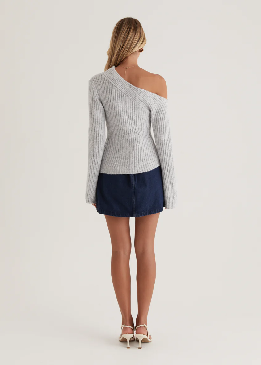 Lily One Shoulder Knit Top - Grey - Image 7