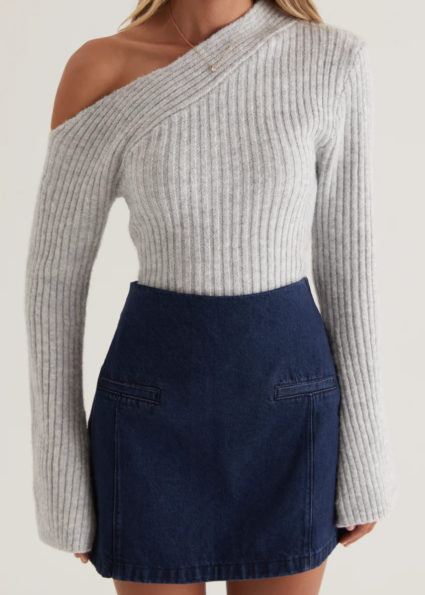 Lily One Shoulder Knit Top - Grey - Image 8