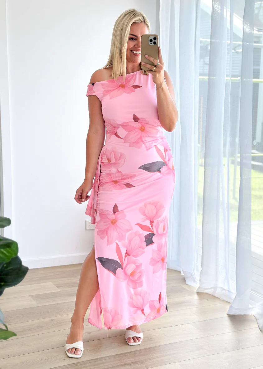 Luis Drop Shoulder Mesh Maxi Dress - Pink Floral - Image 2