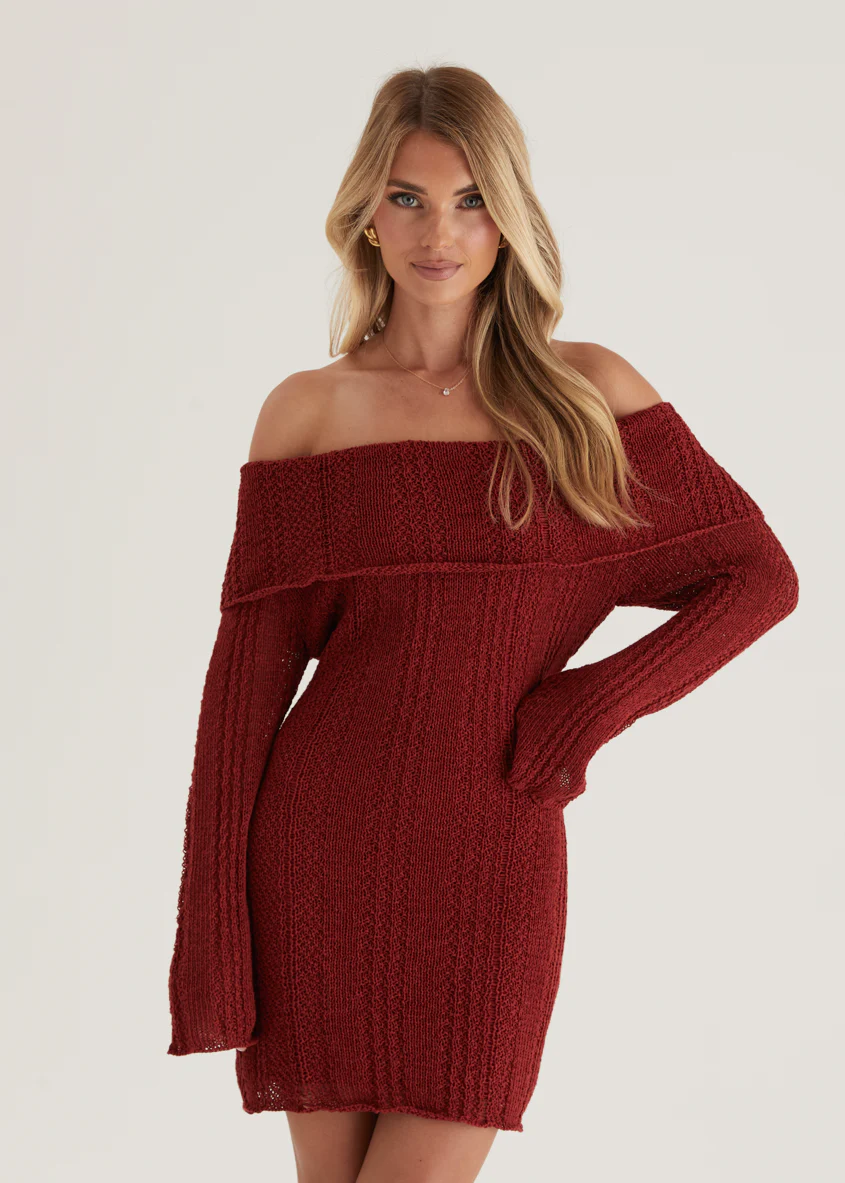 Luna Off Shoulder Knit Dress - Maroon - Image 4