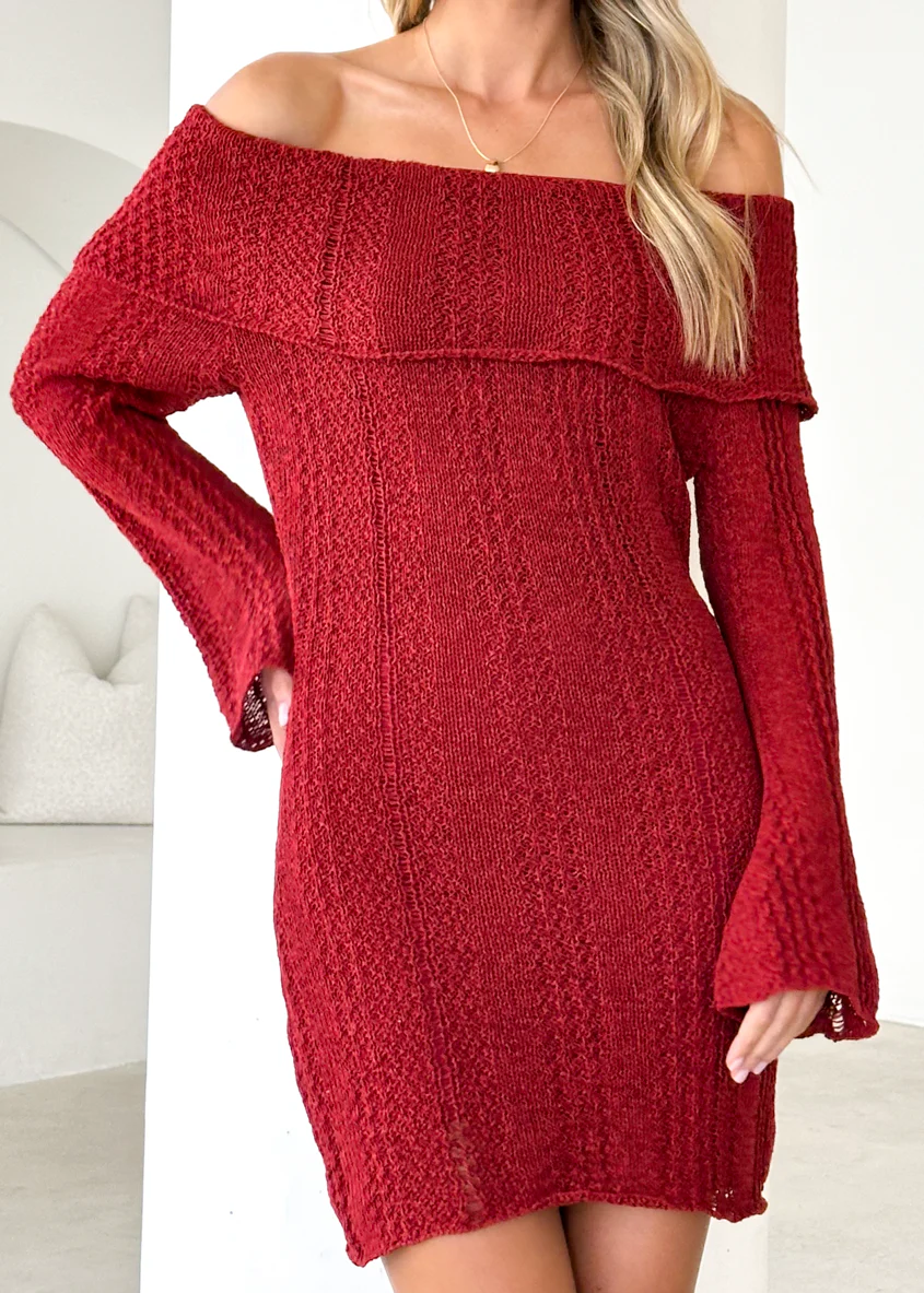 Luna Off Shoulder Knit Dress - Maroon - Image 7